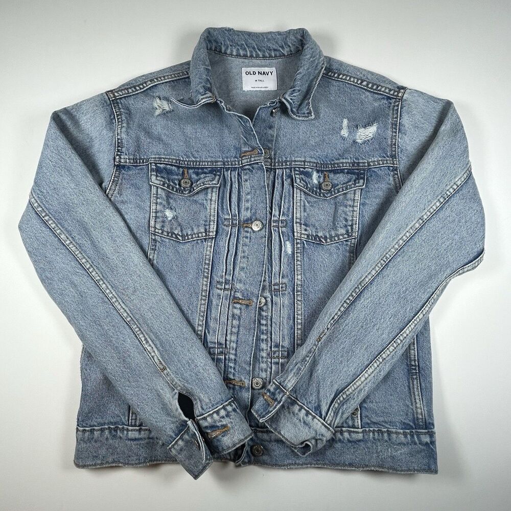 Old Navy Denim Jean Jacket Blue Distressed Cotton Trucker Western Women Med Tall